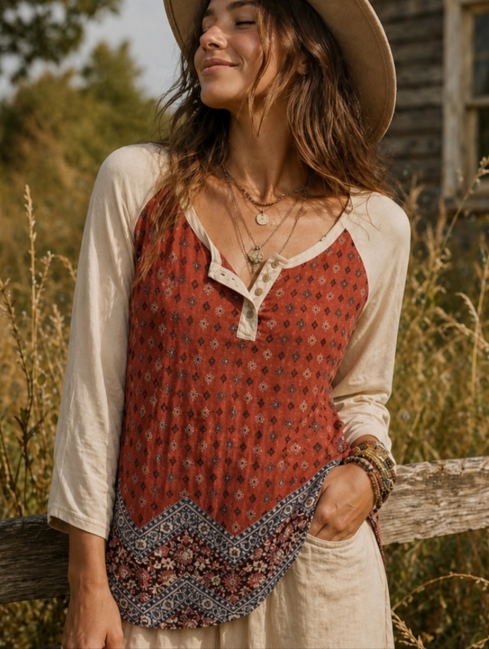 Jolt Rust Red and Cream Henley Raglan Long Sleeve Top